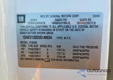 2009 Chevrolet Traverse Ls из США, поврежденный, VIN 1GNEV13D29S148834